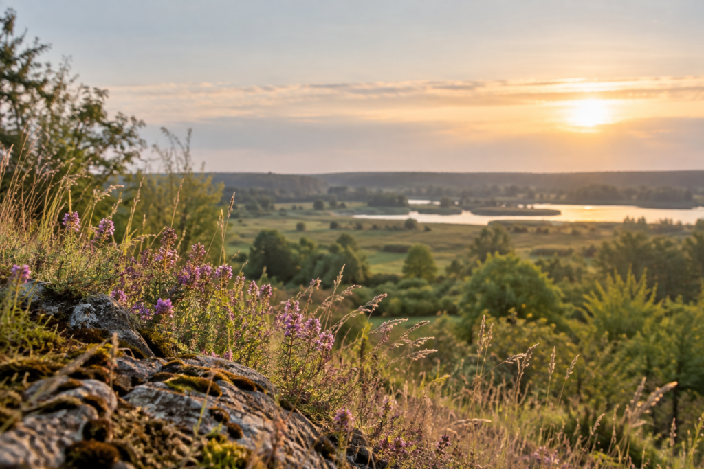 Krajobraz przyrodniczy z łąką, roślinnością i terenami wodnymi w sąsiedztwie obszaru Natura 2000