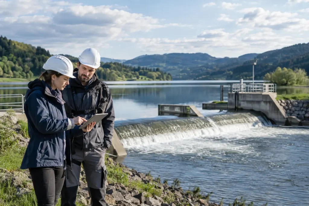 Eksperci analizujący warunki hydrologiczne przy obiekcie gospodarki wodnej